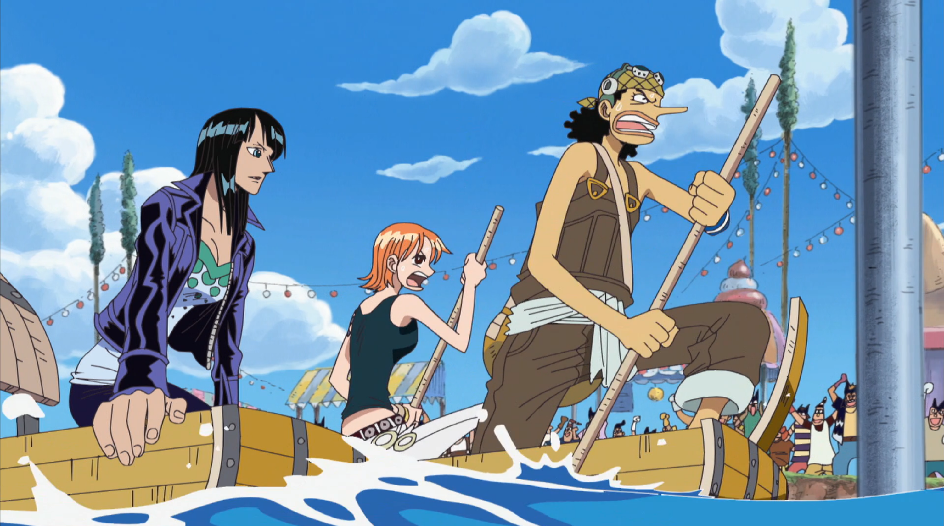 Ussop, Nami, and Robin ride on Ussop's barrel boat (Oda, Eiichiro, creator. One Piece. 1999-present. Toei Animation.).