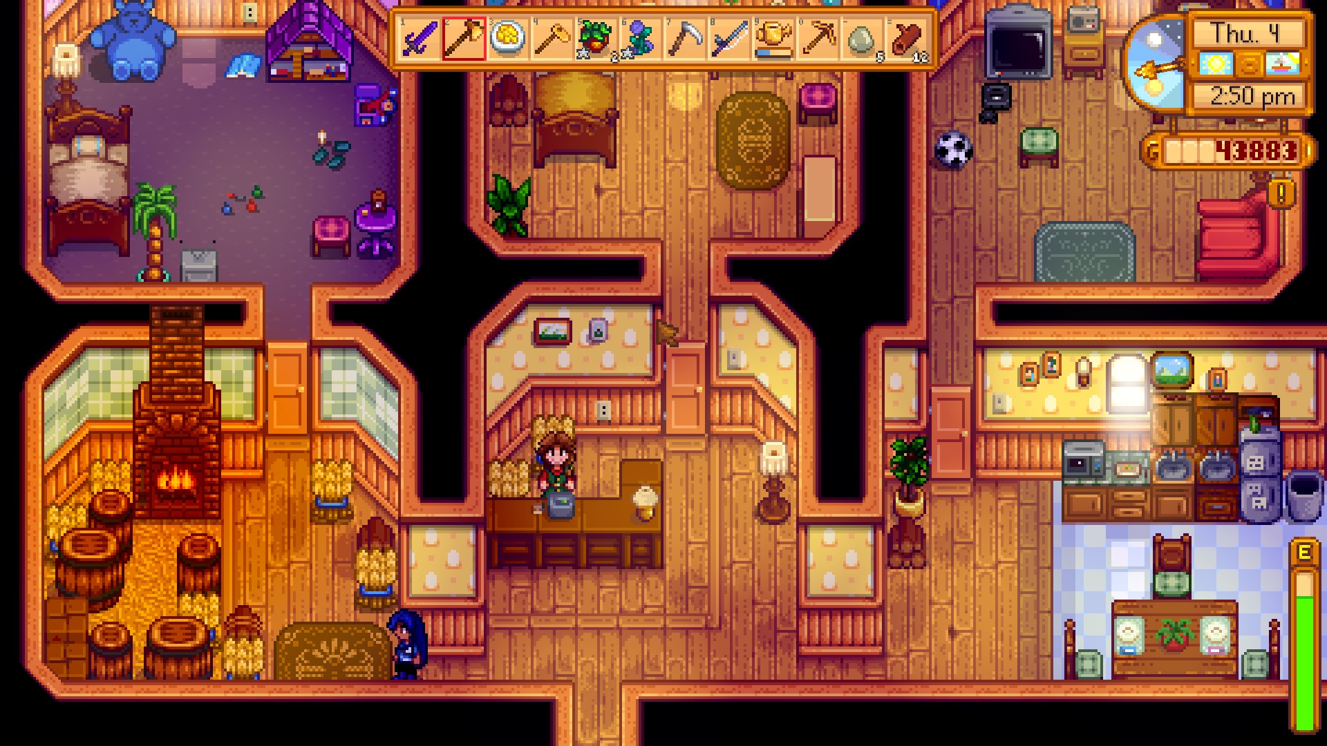 The layout of Marnie's farmhouse can be seen here. It is six rooms, three in the front and three in the back. Marnie is in the front middle room, standing behind a counter where she does business. She is a white woman with long brown hair, and she is wearing a red shirt with a green dress over it.