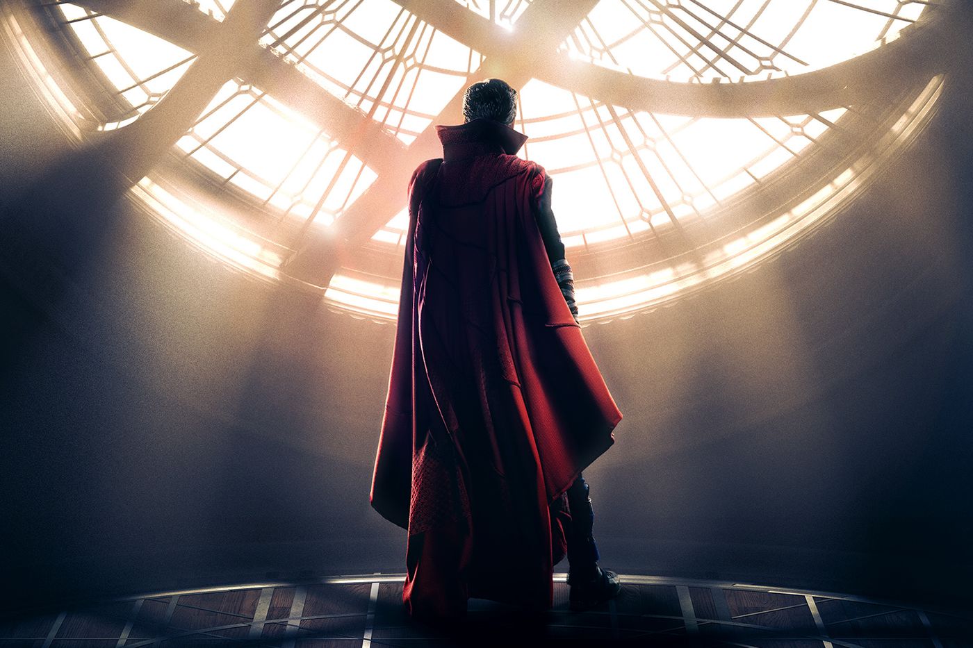 Doctor Strange from behind, looking out of the window of the New York Sanctum.