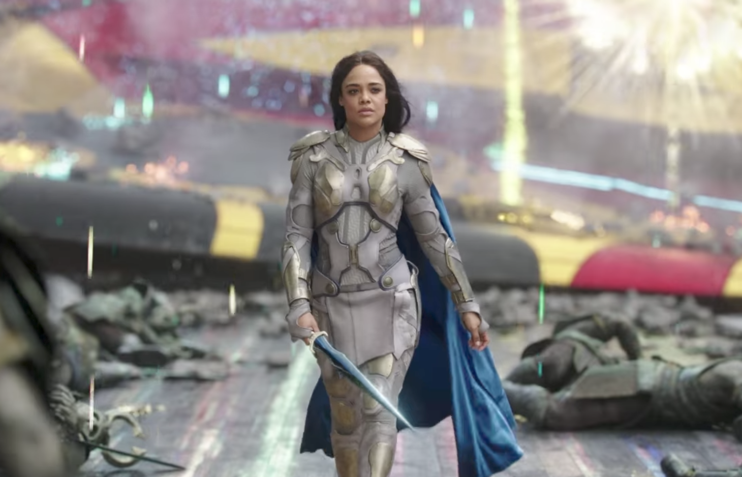 Valkyrie is seen walking away after fending off Hela's soldiers in Thor: Ragnarok (2017).