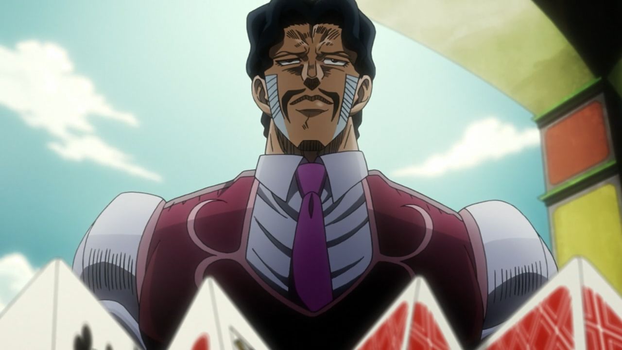 Daniel J. D'Arby stares at the camera with cards tented on the table beneath him (Araki, Hirohiko, creator. JoJo's Bizzare Adventure. 2012-present. David Production.).