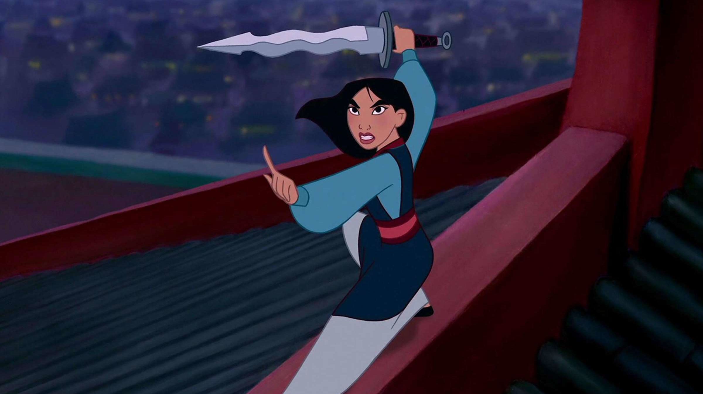 On a rooftop, Mulan, a young woman, stands ready to fight holding a curvy sword above her head.