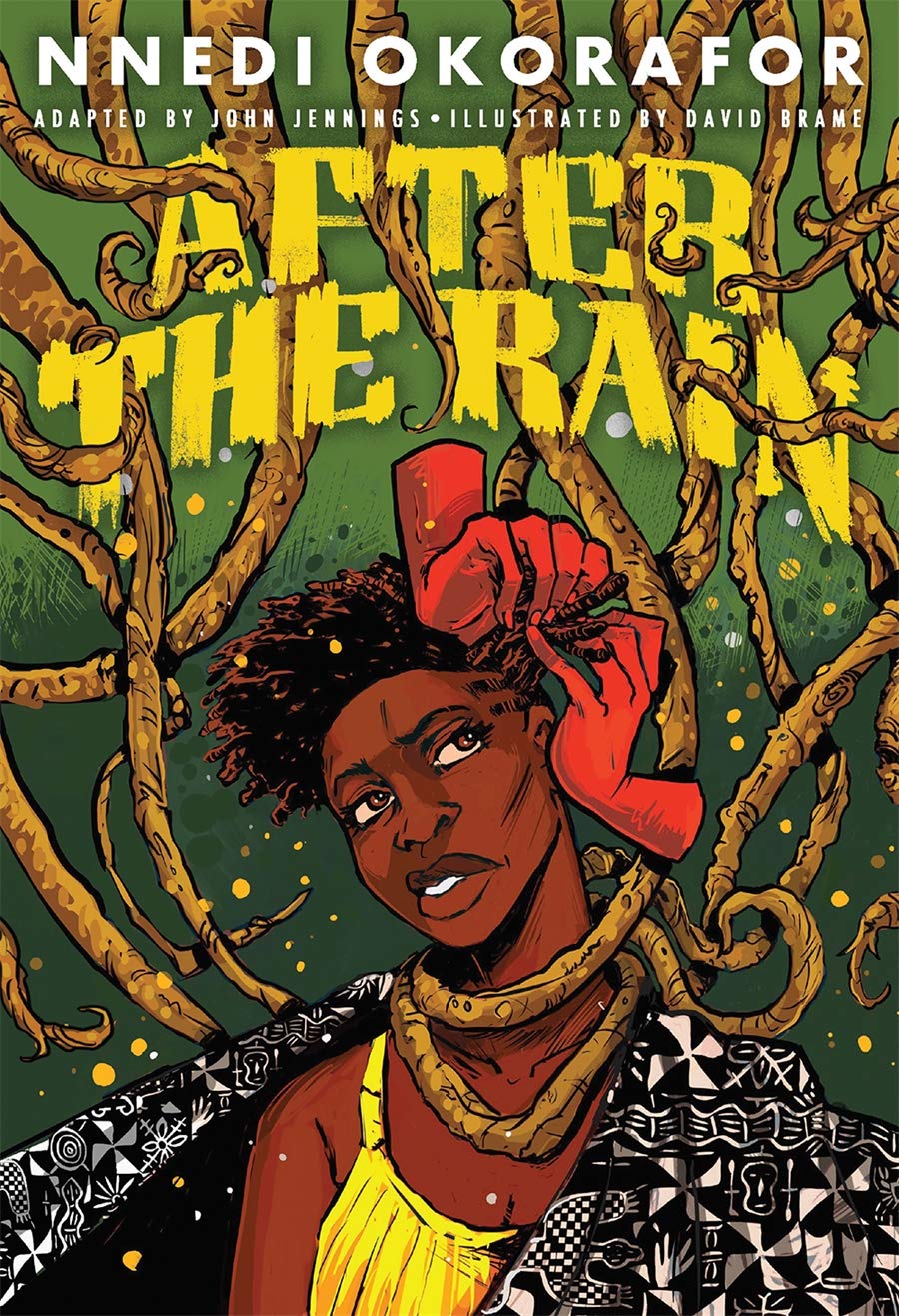 Cover of After the Rain; black woman's hair being braided by disembodied red hands with branches surrounding her.