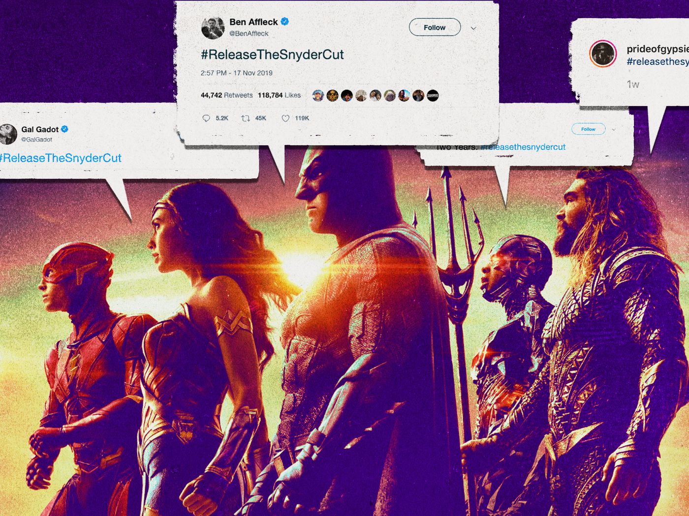 The social media support by various Justice League actors for the Snyder Cut is superimposed onto their character posters (Source: The Ringer). 