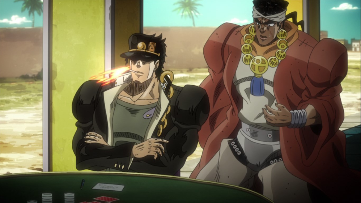 Jotaro uses Star Platinum to light a cigarette while Avdol looks on (Araki, Hirohiko, creator. JoJo's Bizzare Adventure. 2012-present. David Production.).