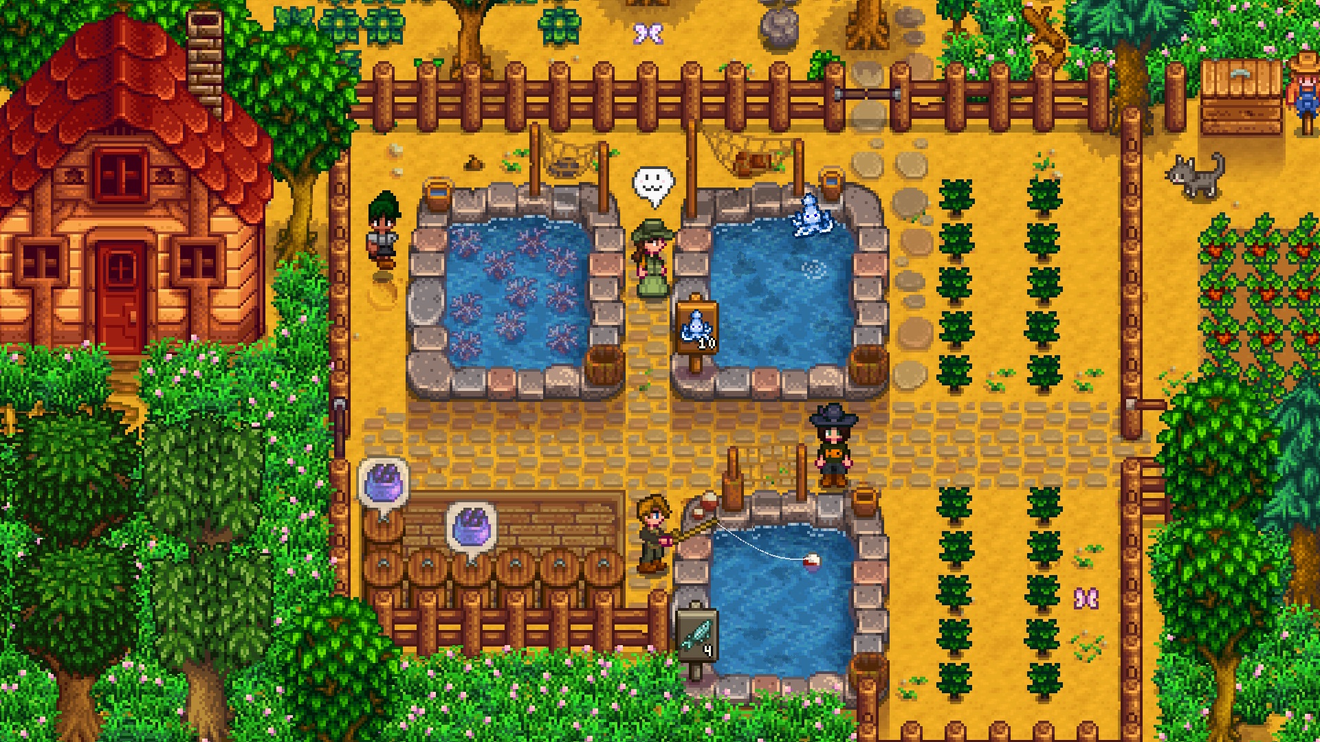 Another section of a farm in "Stardew Valley." This one shows a red-roofed shed, a copse of trees, and a trio of fish ponds that are being tended to by four farmers playing multiplayer. A few crops can be seen growing nearby.