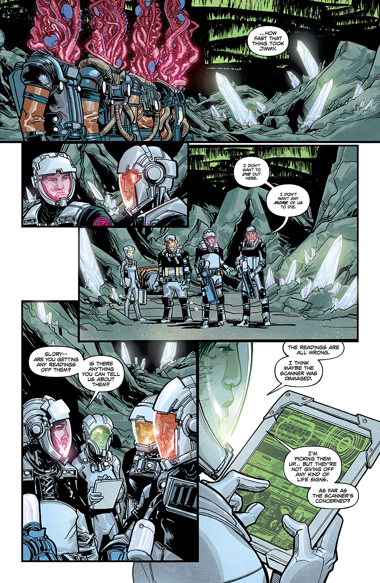 A series of panels shows four bodies controlled by fleshy masses of tentacles as four human members of the crew assess the situation.