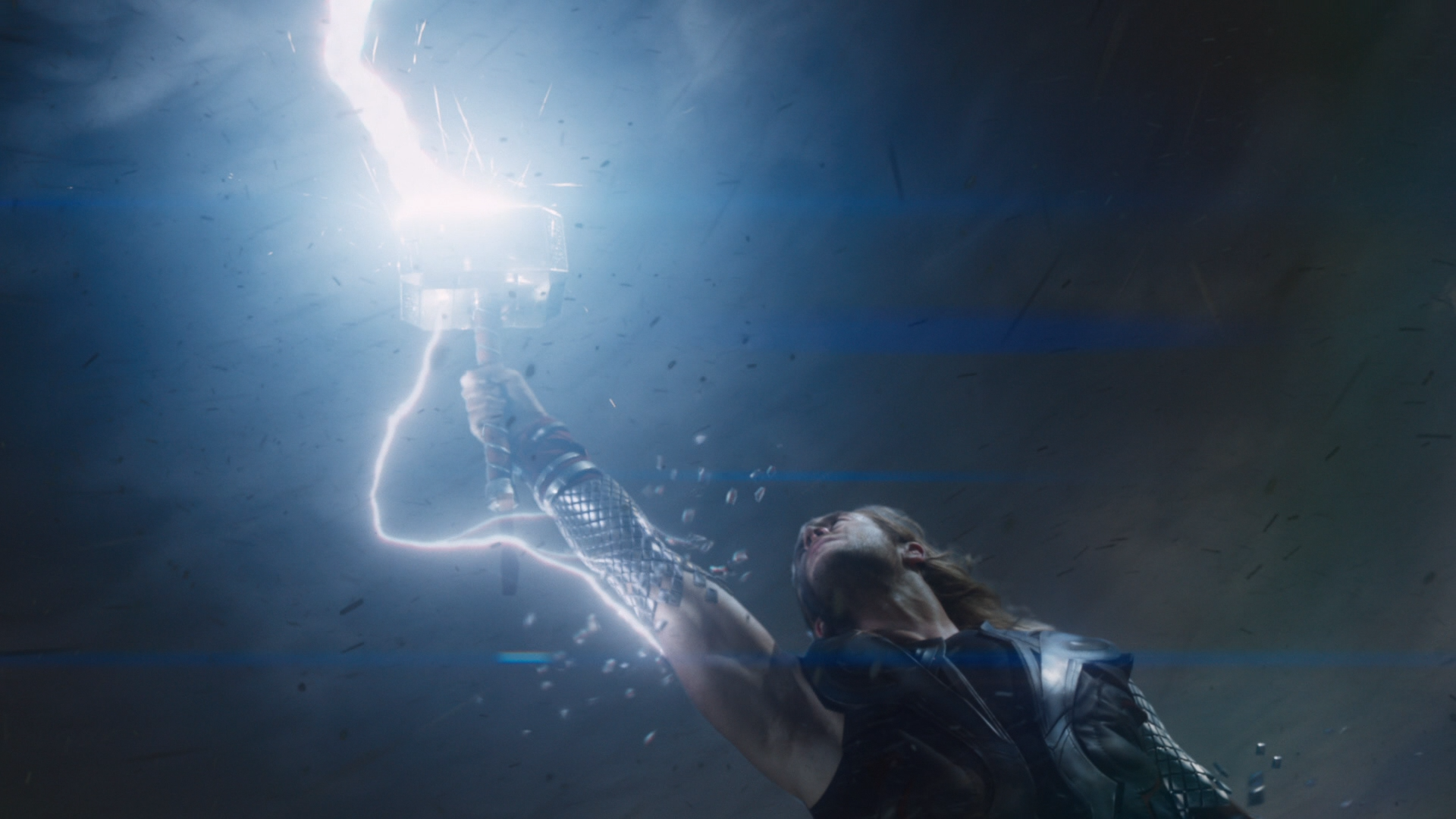 Thor summoning lightning with Mjöllnir.