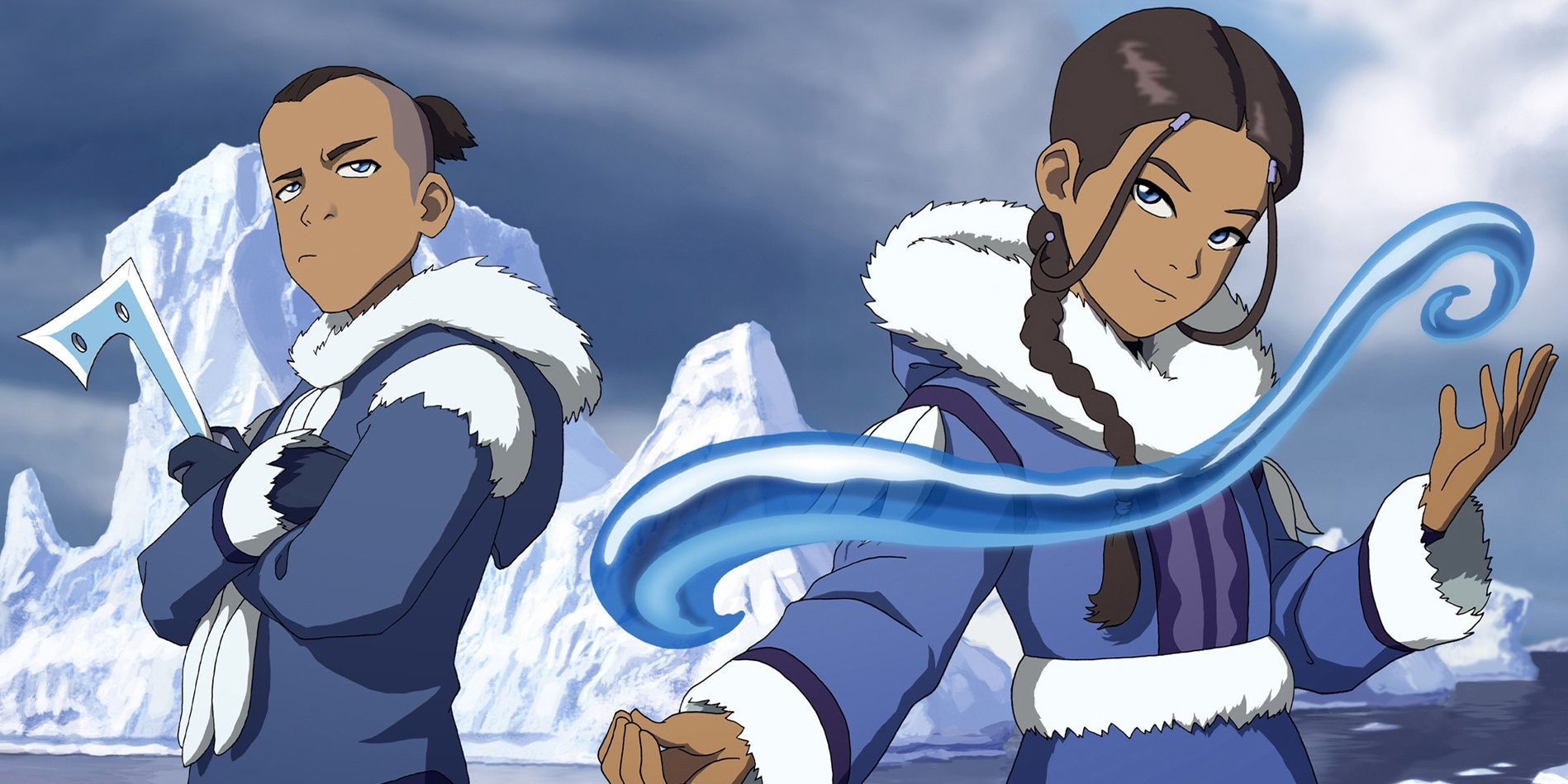 Katara waterbends and Sokka holds his trusty boomerang. 