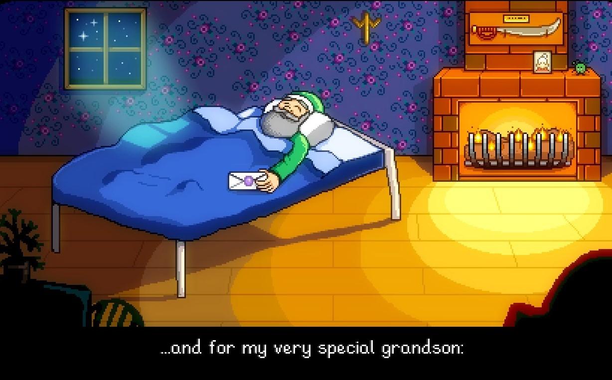 The shot of the farmer's grandfather from the opening cutscene. He is an old white man with a large grey beard. He is wearing green pajamas and laying in a bed with blue sheets. He is in a room with a roaring fireplace, a bare wooden floor, and purple floral wallpaper. At the bottom is a black bar with white text on it, showing the grandfather's dialogue. It reads: "...and for my very special grandson:"