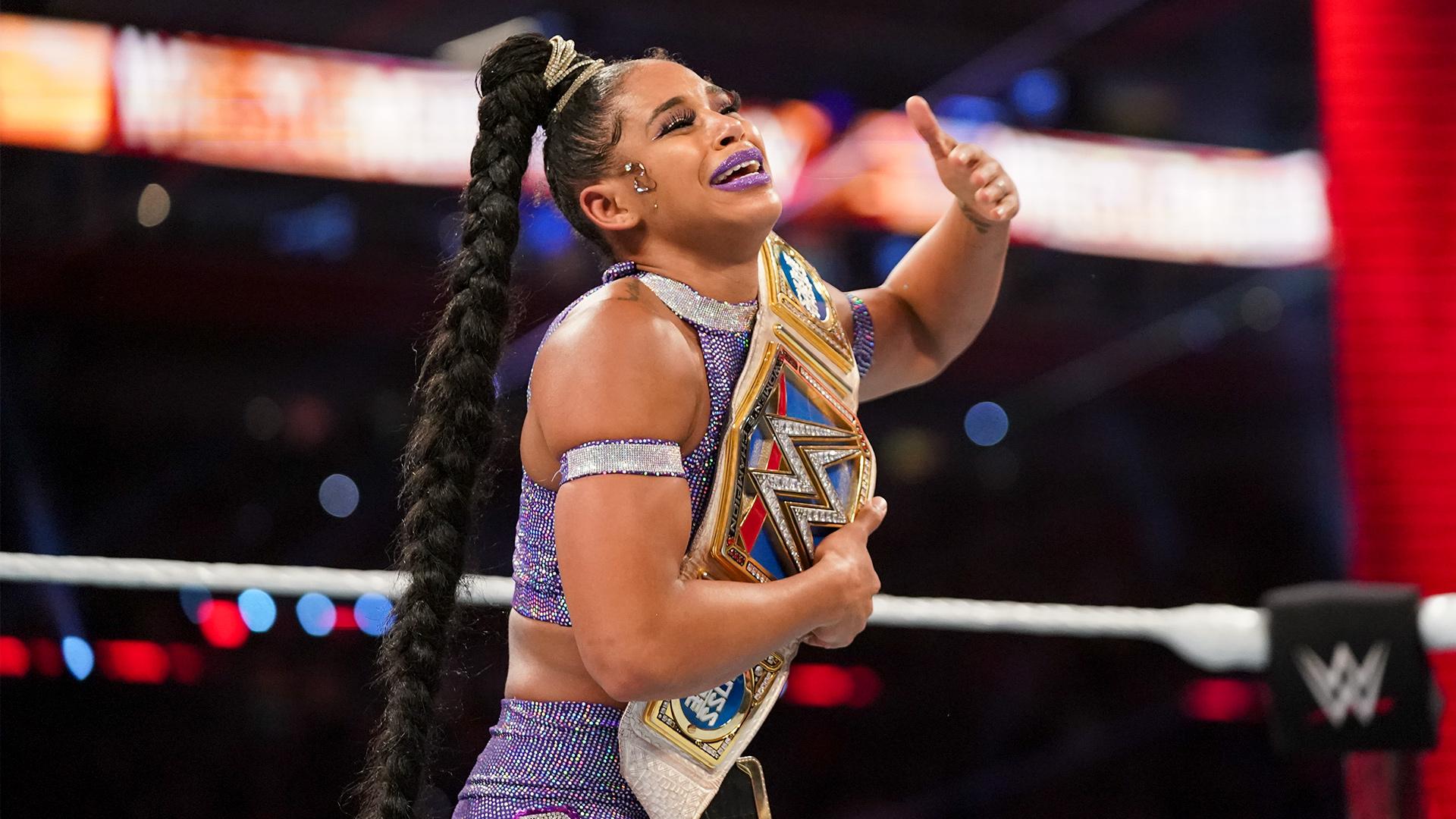Bianca Belair overcome with emotion after winning the Smackdown's Women's Championship at Night One of WrestleMania 37 (WrestleMania 37. 1972-Present. World Wrestling Entertainment.).