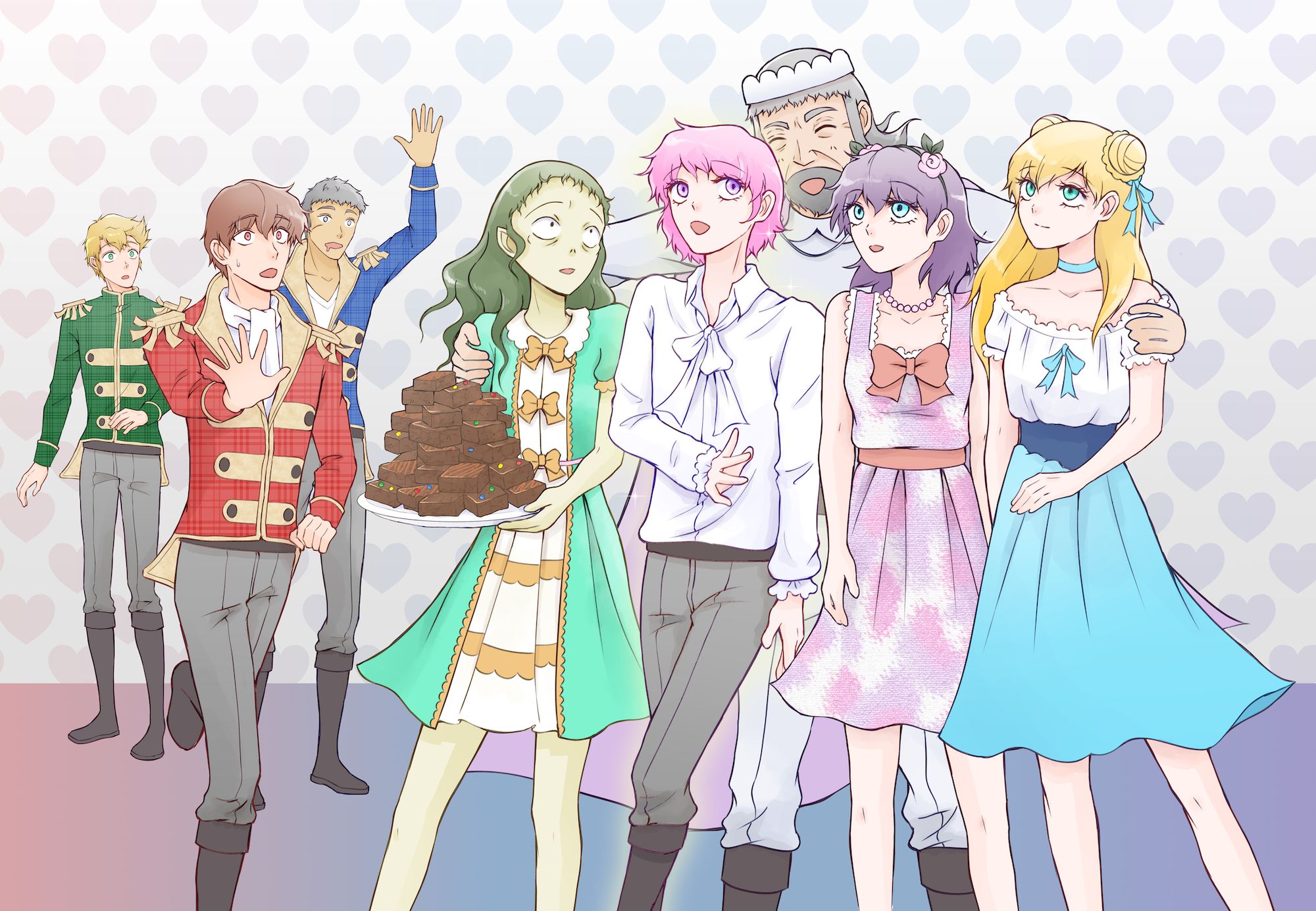 The Pastel royal family enjoy each other's company as the Plaid Princes run to catch up. From left to right: Frederick, Blaine, Lance, Gwen, Jamie, Lorena, Maria (behind: Jack).