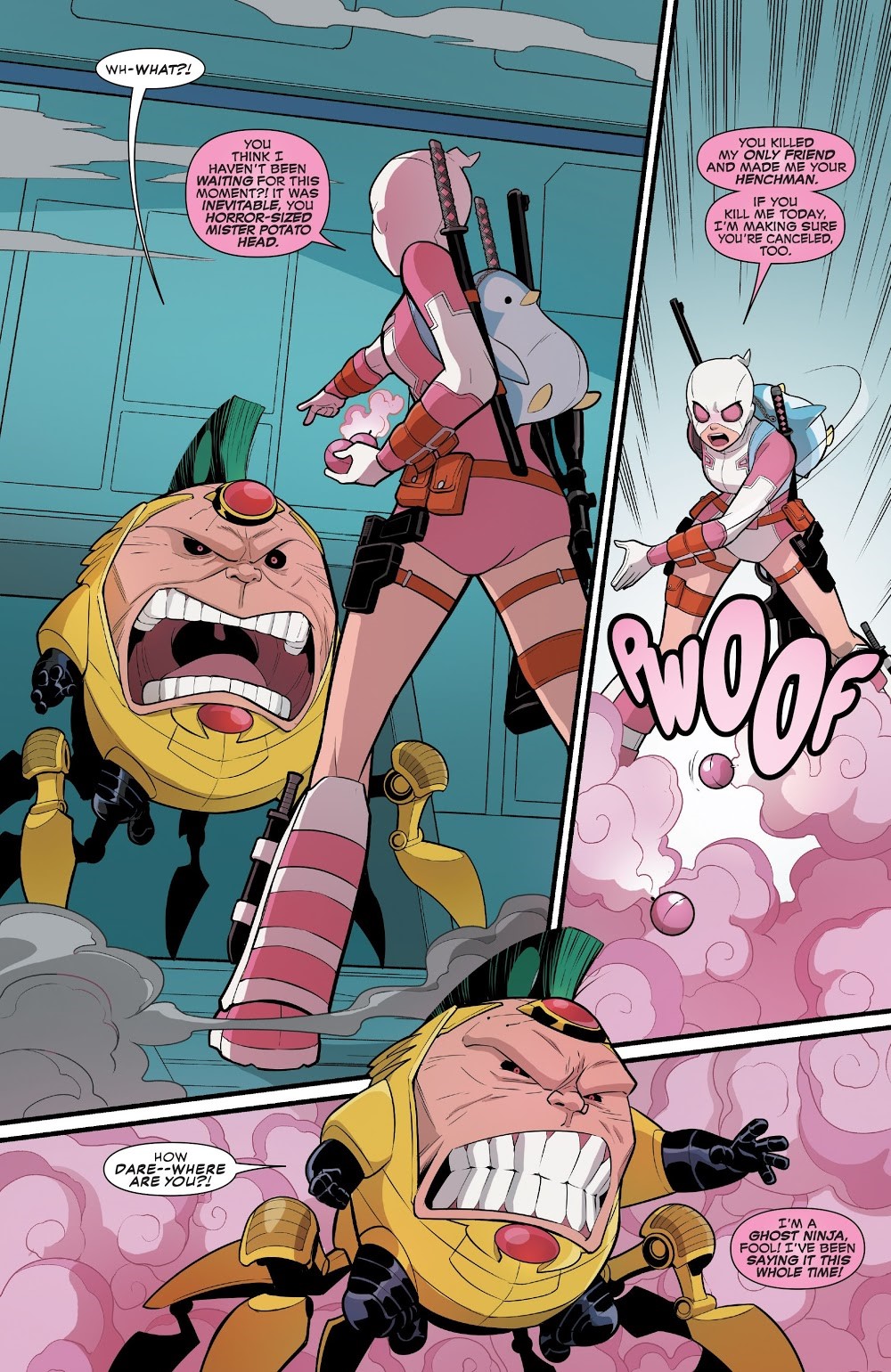 Gwenpool releases pink smoke bombs to disorient M.O.D.O.K. Hastings, Christopher. "Unbelievable Gwenpool Vol. 1." Marvel. 9 Nov. 2016.