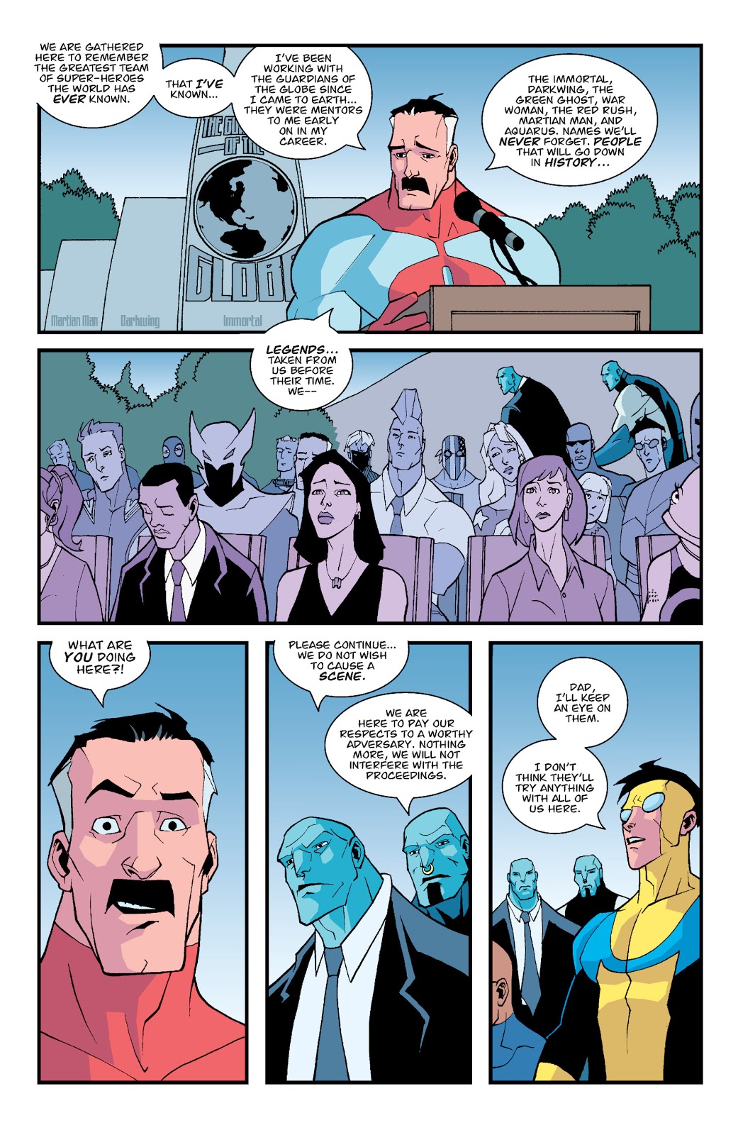 Invincible: Vol. 2 - Omni-Man gives a eulogy at the Guardians of the Globe's funeral.