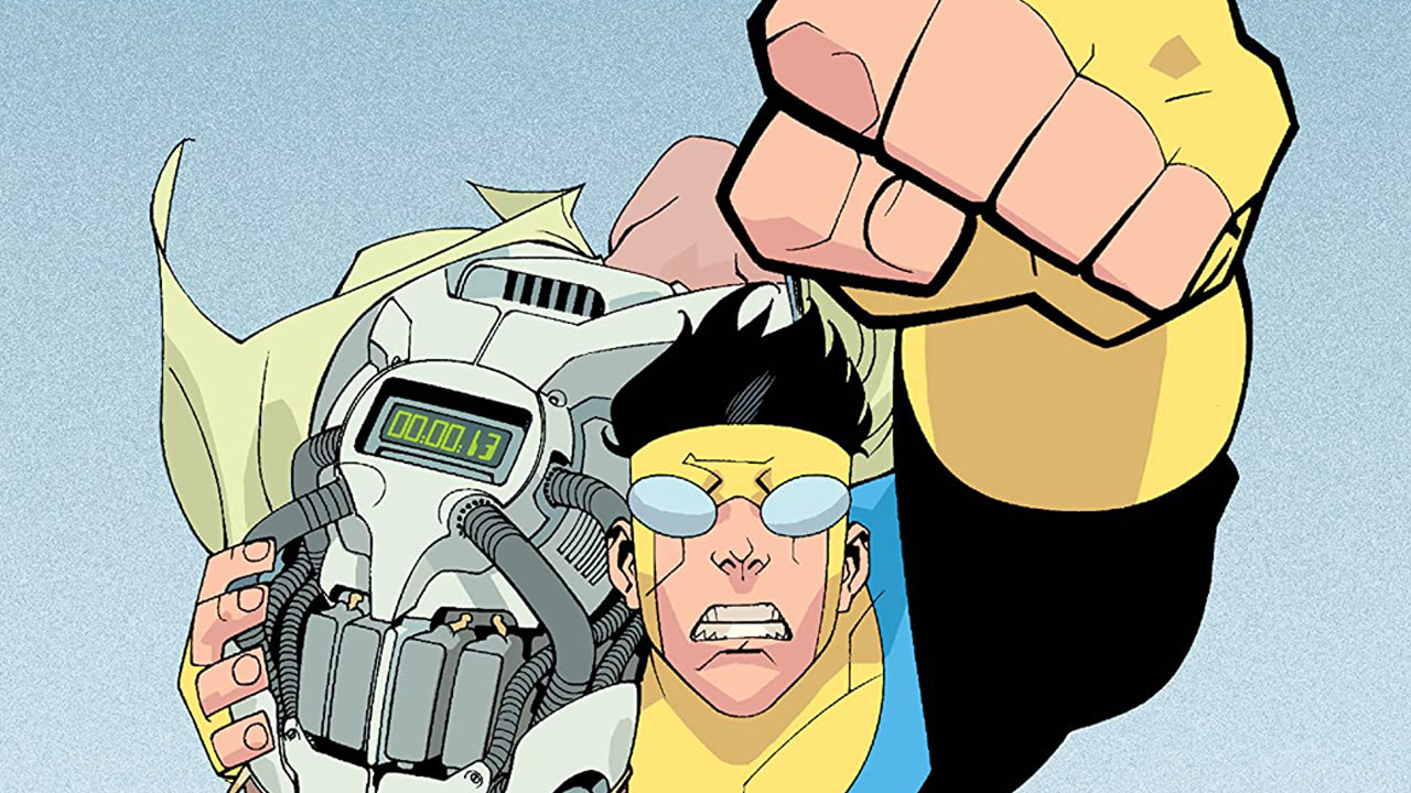 Invincible strikes a heroic pose in the sky in Invincible: Vol. 1