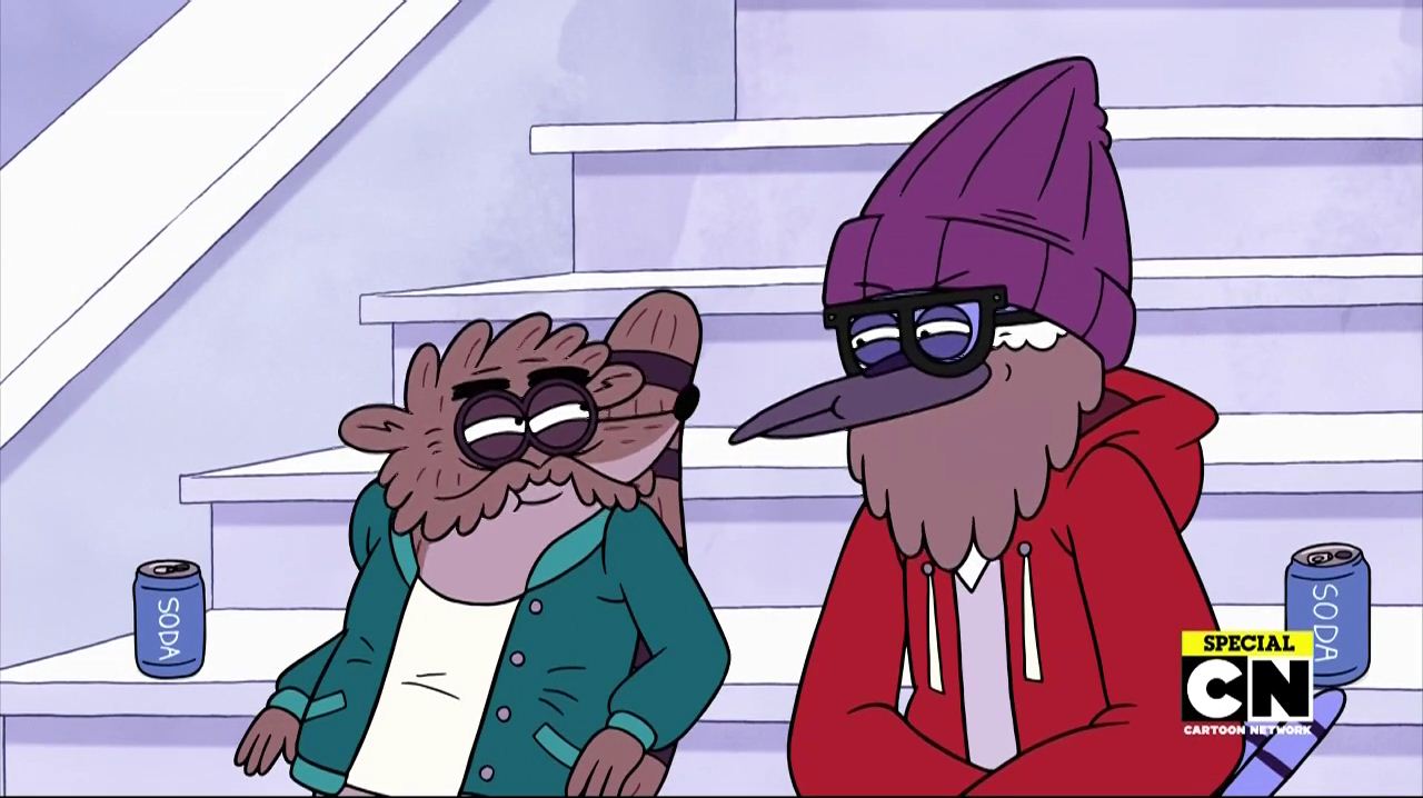 Mordecai and Rigby sitting together as older adults on the park steps years later.