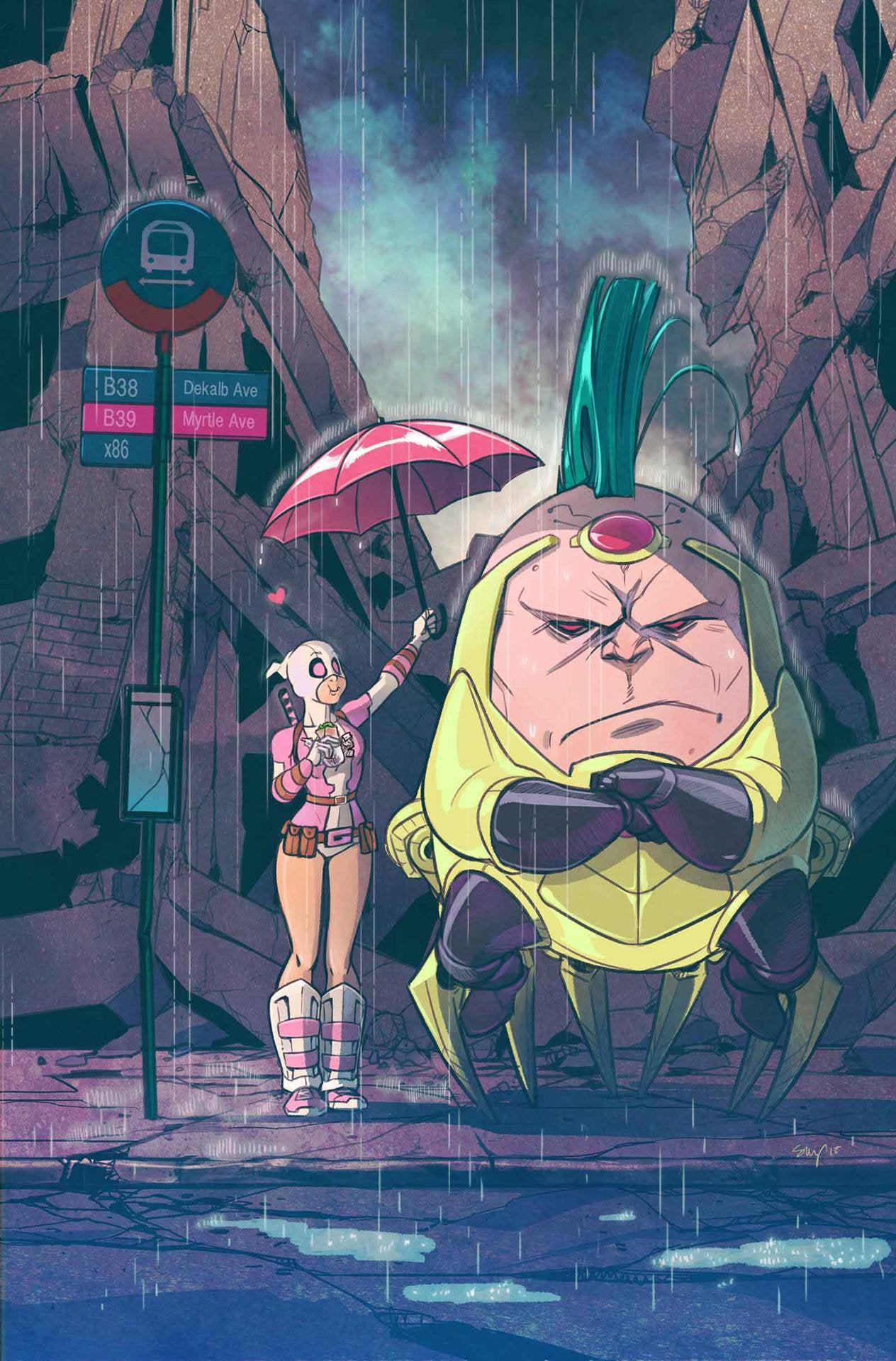 Gwenpool holds umbrella over a grumpy M.O.D.O.K. Hastings, Christopher. "Unbelievable Gwenpool Vol. 1." Marvel. 9 Nov. 2016.