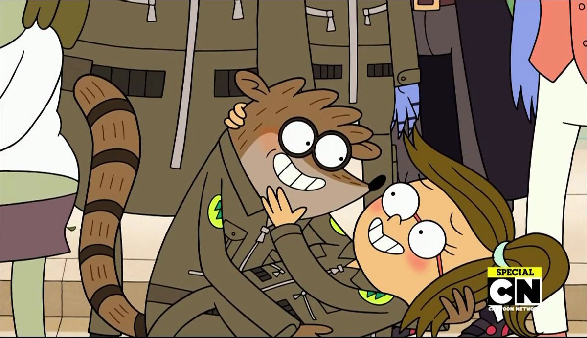 Rigby holding Eileen and ready to share a kiss with her after saving the world. 