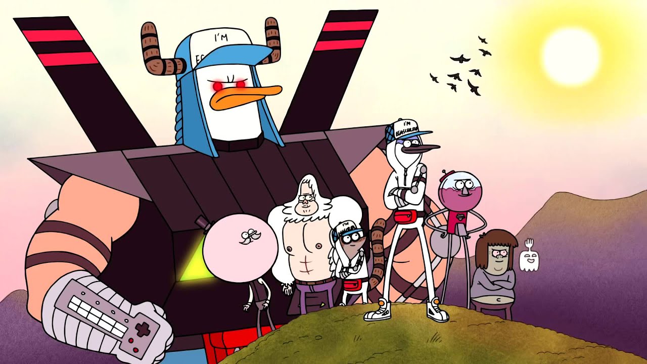 The park gang stands on a hilltop parodying popular 90s mecha anime that J.G. Quintel paid homage to, Neon Genesis Evangelion.