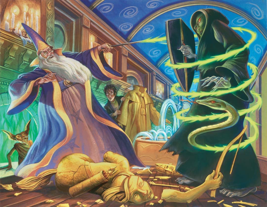 Artwork done by Mary grandpre of Dumbledore and Voldemort in a battle. 
http://www.marygrandpre.com