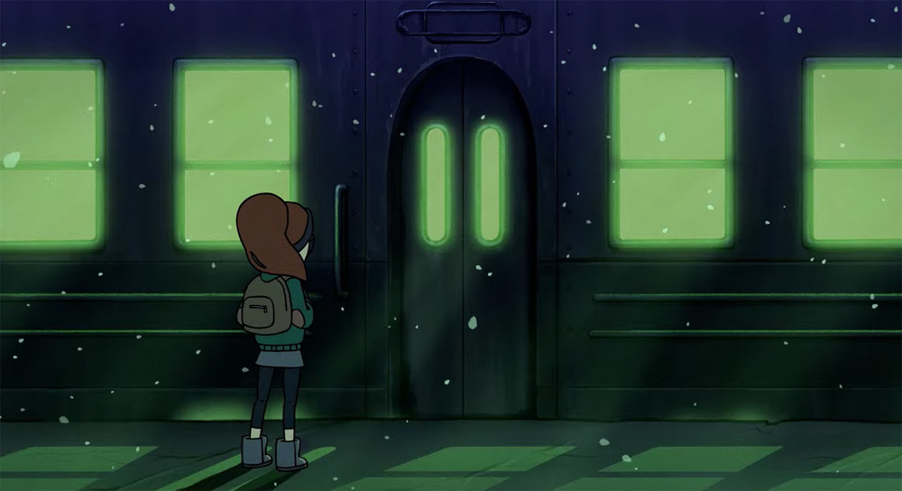 Tulip enters the train with glowing green windows. (Infinity Train: Book 1. 2019-2021. HBO Max.)
