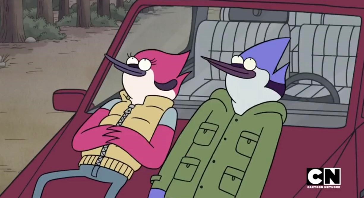 Mordecai and Margaret laying on top of a car while stargazing. 