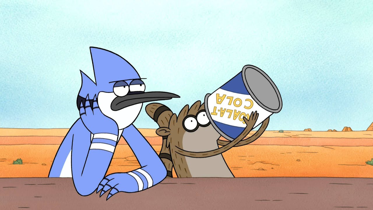 Rigby chugs a large soda as Mordecai sits by, not impressed. 