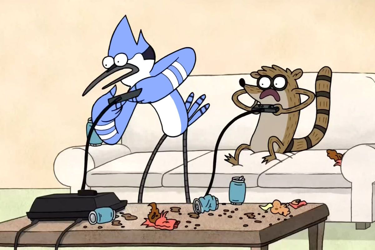 Mordecai and Rigby playing video games together while eating snacks. 