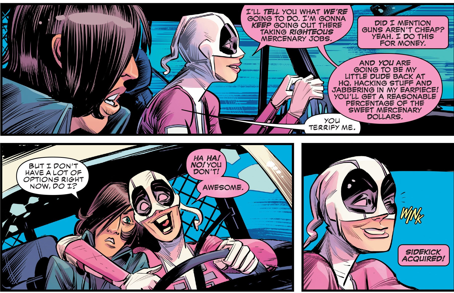 Gwenpool drives a police cruiser and acquires Cecil as a sidekick. Hastings, Christopher. "Unbelievable Gwenpool Vol. 1." Marvel. 9 Nov. 2016.
