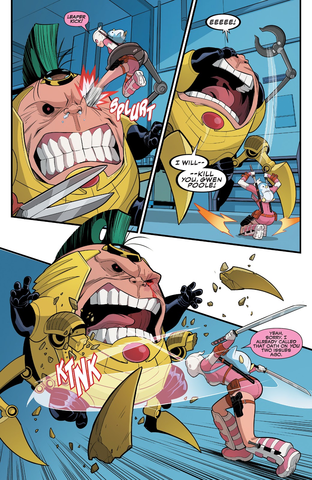 Gwenpool kicks M.O.D.O.K in the face during their battle. Hastings, Christopher. "Unbelievable Gwenpool Vol. 1." Marvel. 9 Nov. 2016.