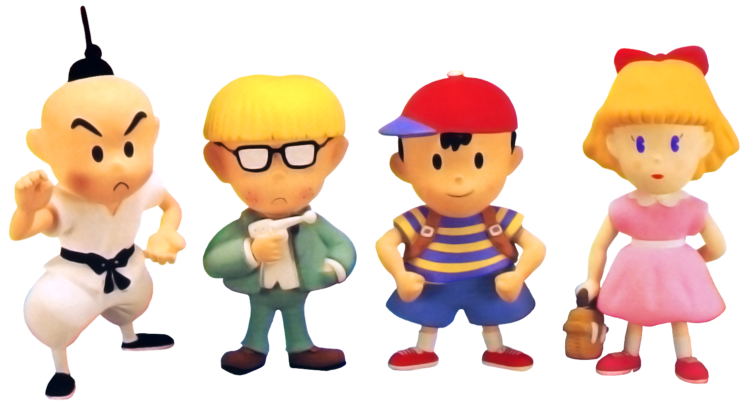 Earthbound's four lead characters against a white backdrop: Poo, Jeff, Ness, and Paula