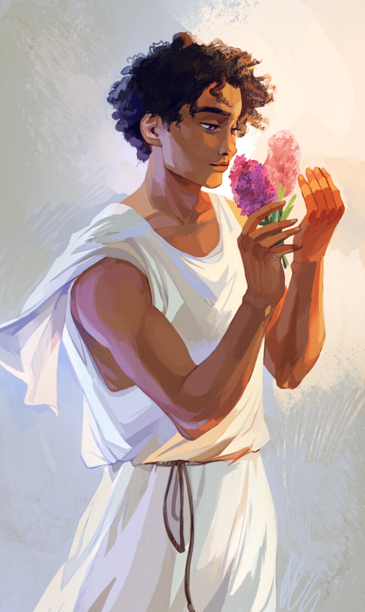 Hyacinthus, Apollo's former lover, smelling a hyacinth (Source: Riordan Wiki).