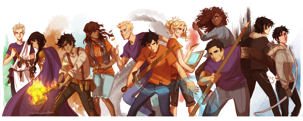 Characters from the "Heroes Of Olympus" series. (From left to right) Octavian, Reyna, Leo, Piper, Jason, Percy, Annabeth, Hazel, Frank, Nico, Thalia (Source: Viria's Tumblr). 