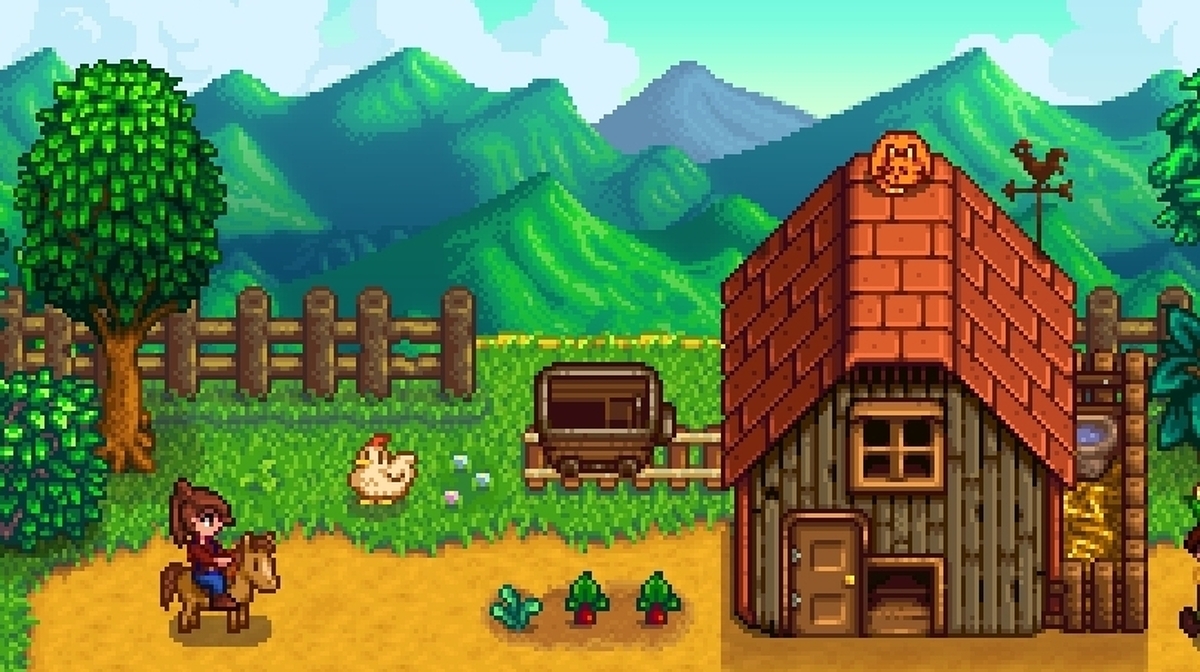 Another shot of the farmer. They are sitting on a brown horse next to a chicken, some crops, a minecart, and a red-roofed chicken coop.