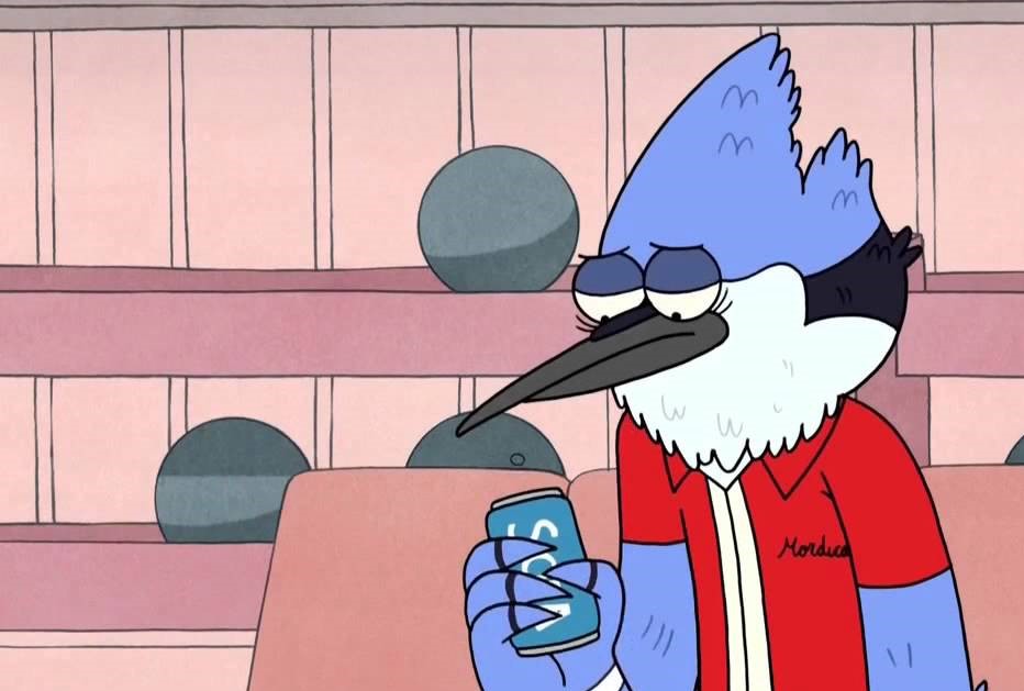 Mordecai staring at his soda can in a depressed manner. 