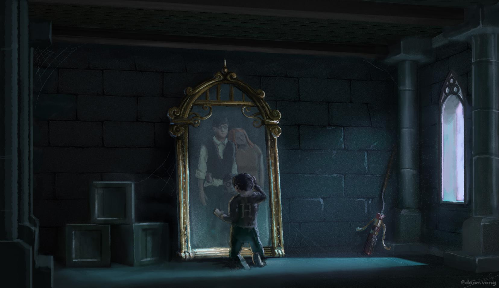 Harry staring into the mirror of erised. The mirror shows the viewers deepest desires. Harry looks into the mirror and sees his deceased parents, showing how he longs for them to be alive. 
https://www.reddit.com/r/harrypotter/comments/ibdvbr/i_illustrated_my_favorite_part_of_the_first_book/