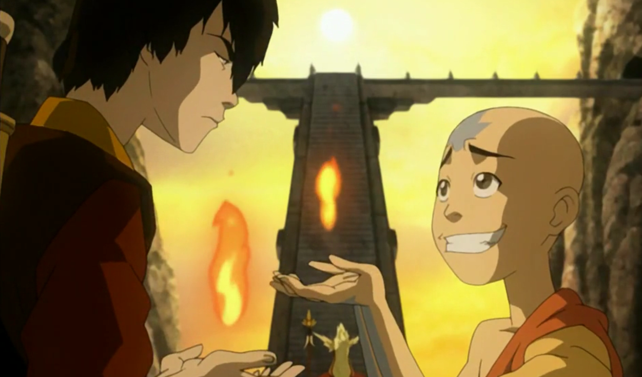 Zuko and Aang prepare for an important trial while holding sacred flames. 