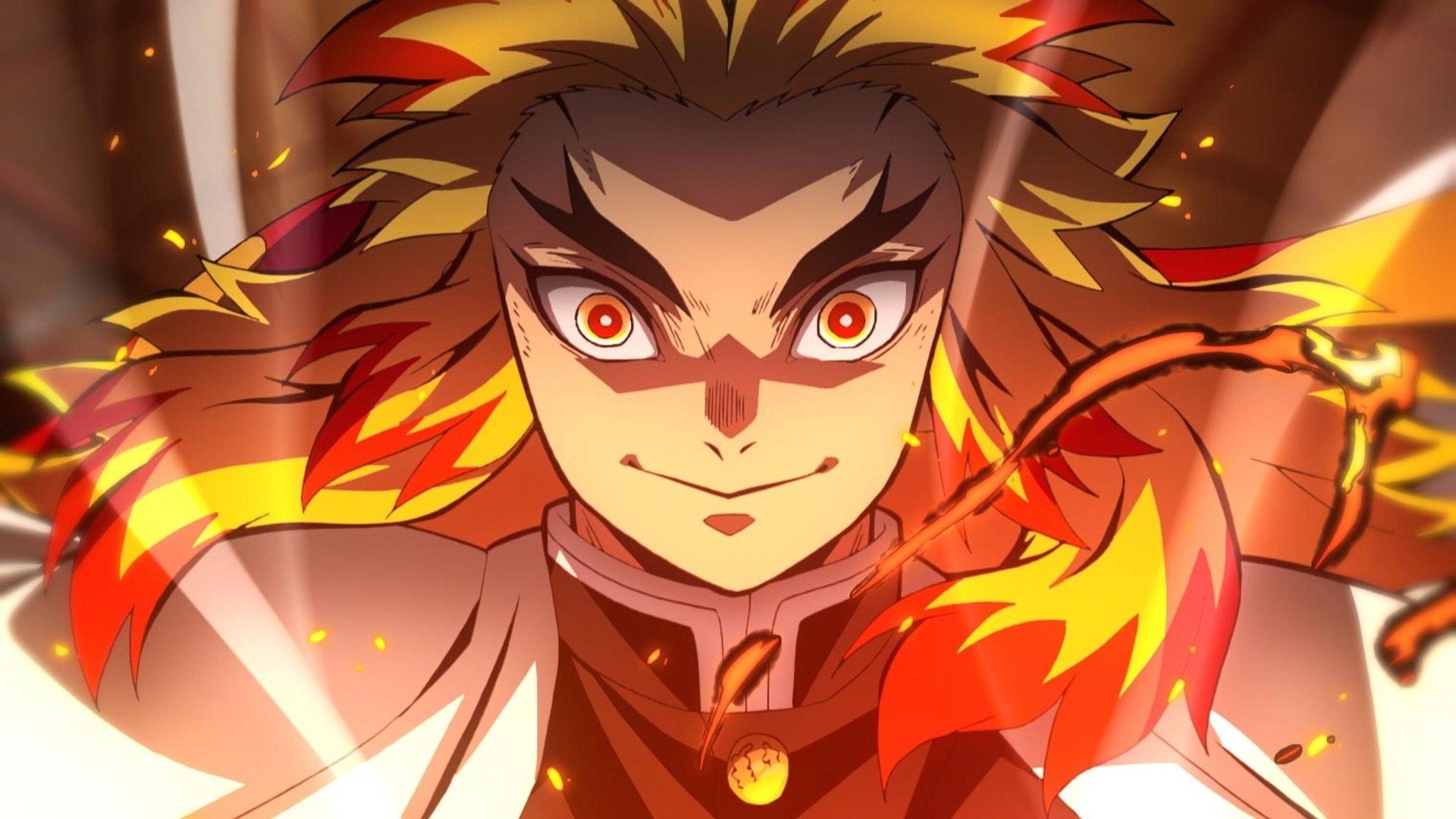 The movie shows a close up of the flame hashira, Rengoku Kyojuro, as he prepares to give a fiery attack. 