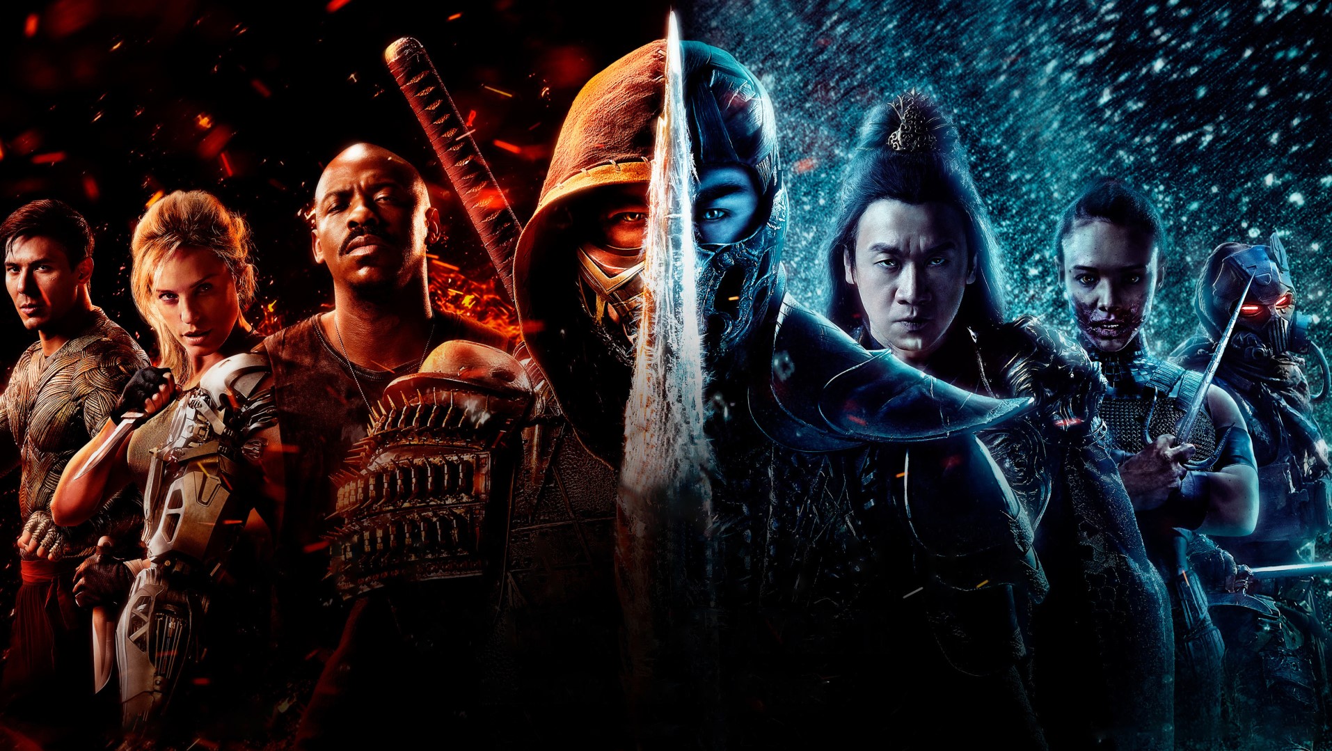 The characters of Mortal Kombat (2021), from left to right: Cole Young, Sonya Blade, Jax Briggs, Scorpion, Sub-Zero, Shang Tsung, Mileena, and Kabal.