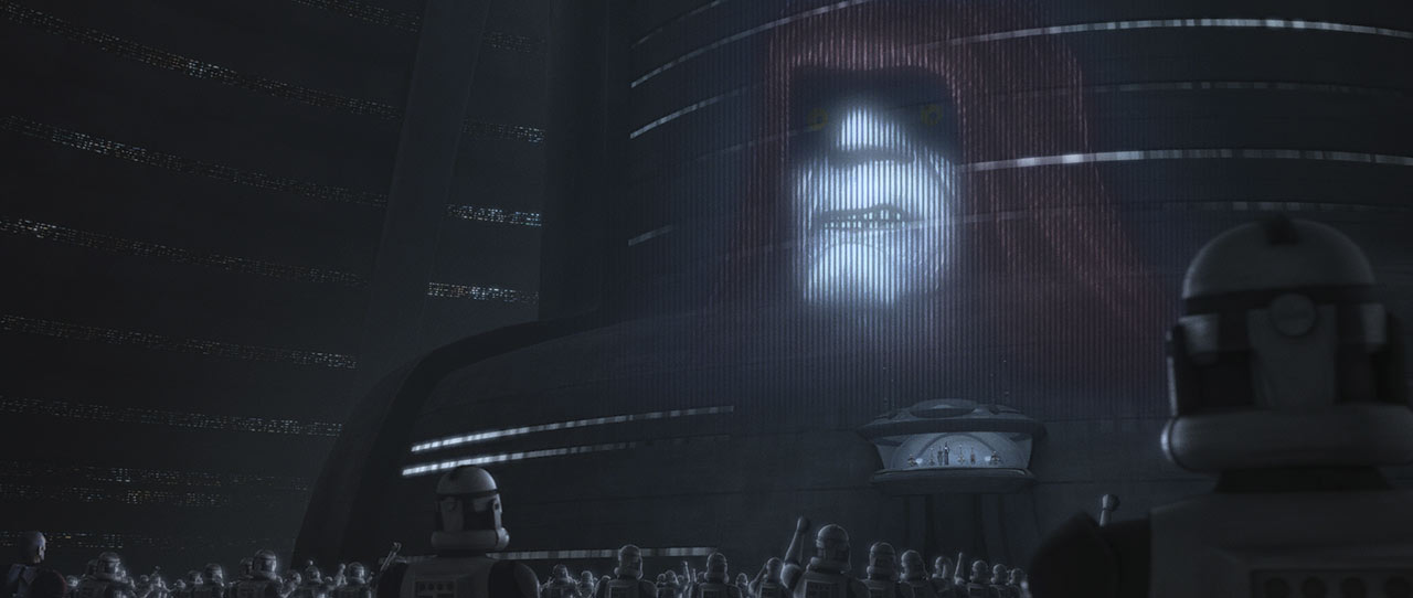 A hologram of a hooded Emperor Palpatine is projected over a building in Coruscant as many clone troopers watch ahead. The mood of the picture is dreary and there is a sense of dread by the framing. (Dave Filoni, The Bad Batch, Disney+ (2021-)) 