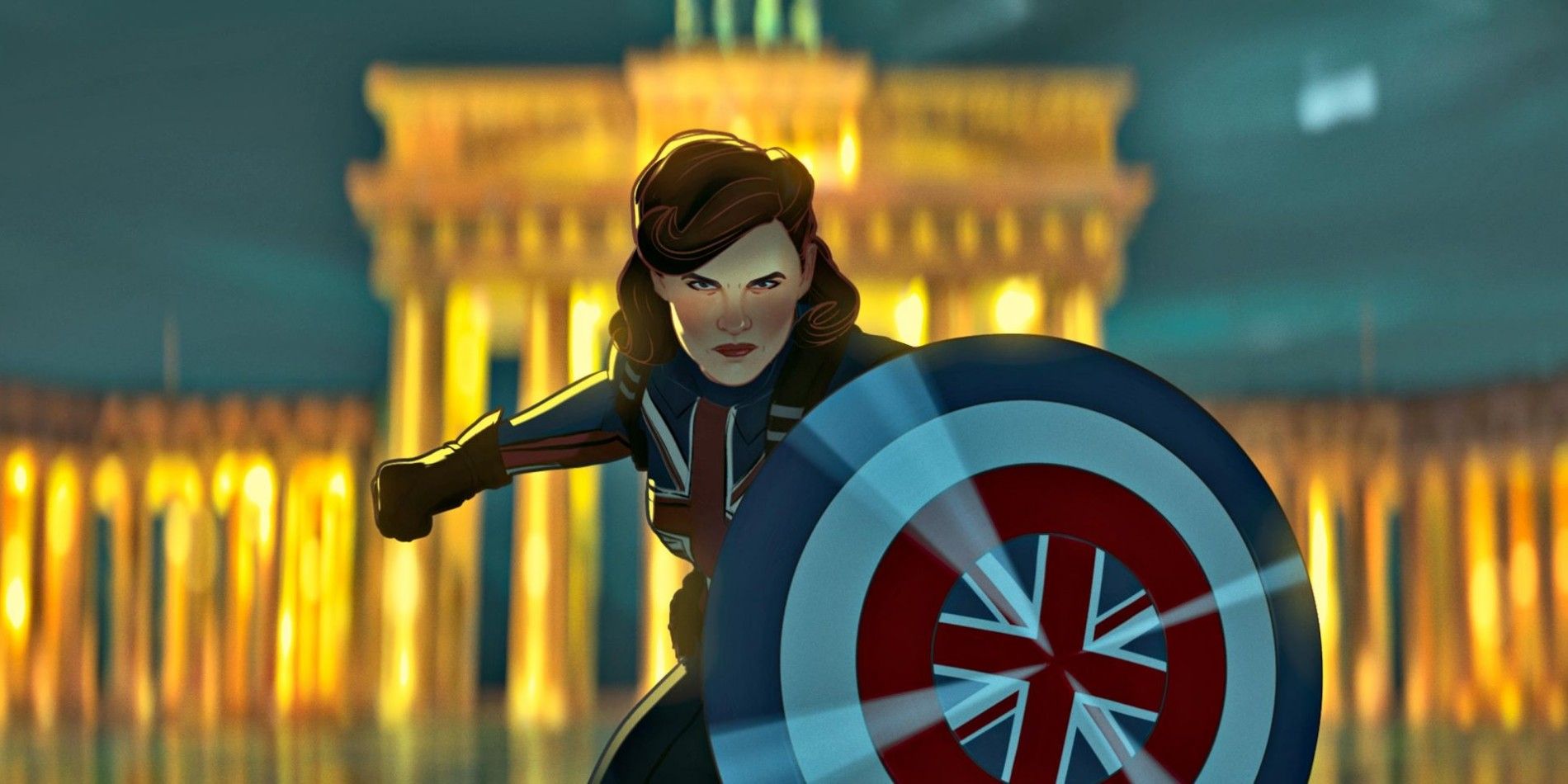 Captain Britain Peggy Carter brandishing her shield in the animated series What If...?