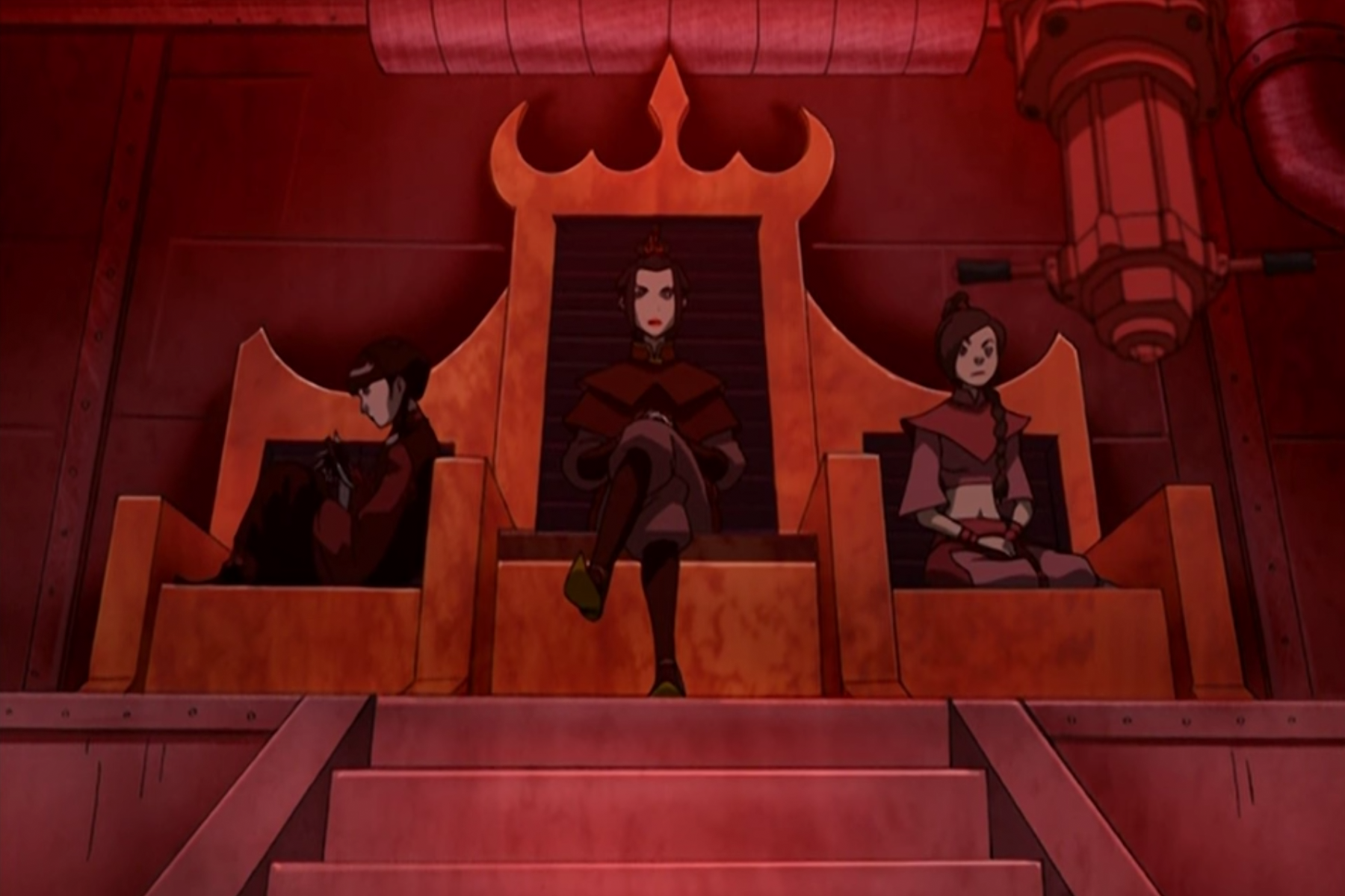 Azula sits on her throne with Ty Lee to the right and Mai to the left. 