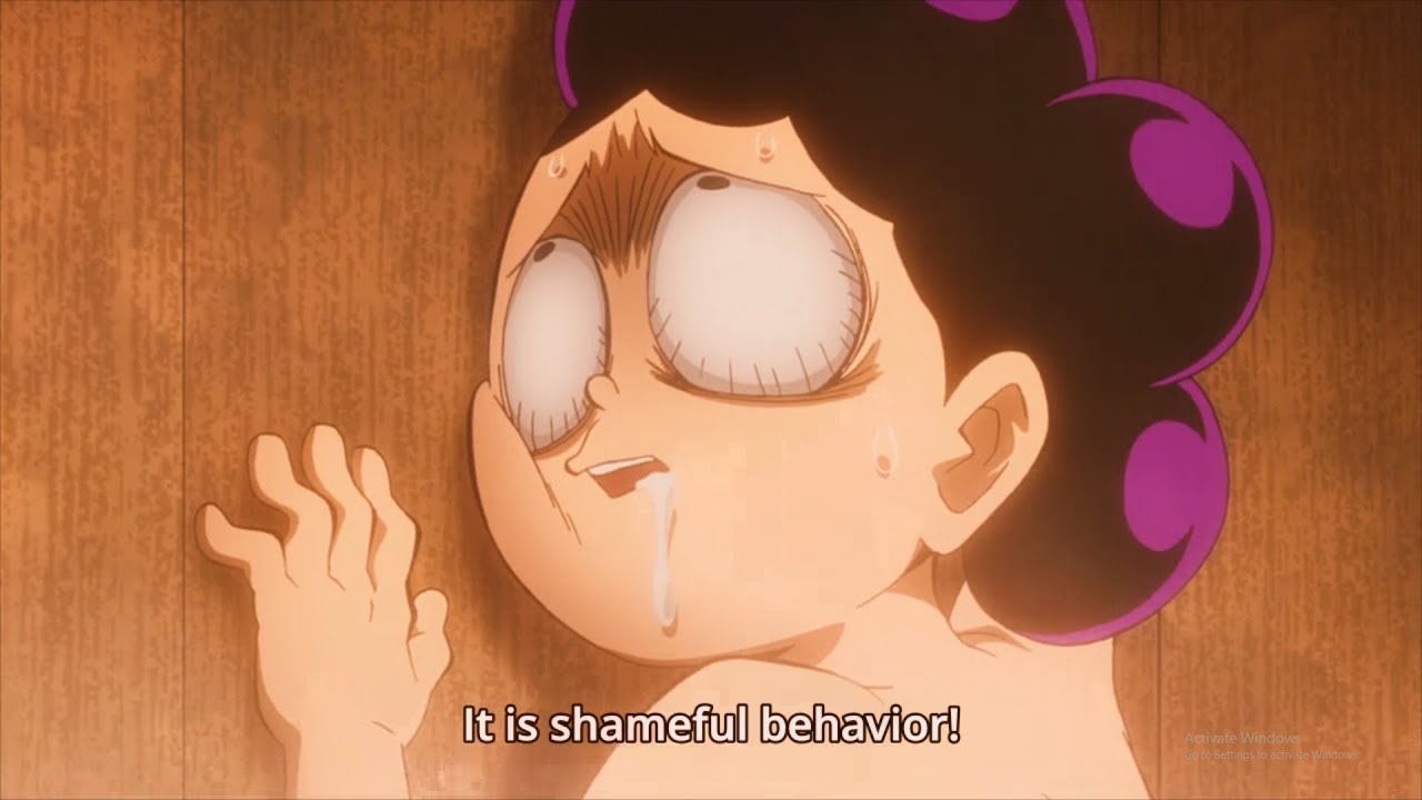 My Hero Academia. Kōhei Horikoshi. 2016-present. Pictured is Mineta pressed against the bathhouse wall saying, "It is shameful behavior!"