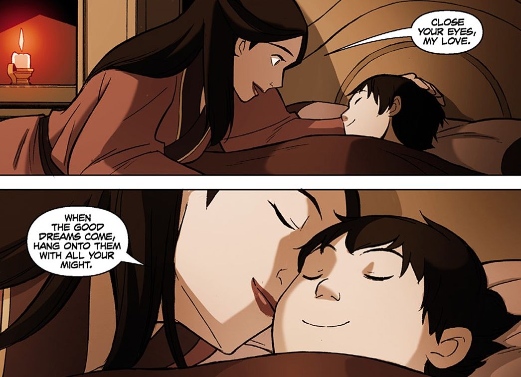 Ursa goes to tuck a young Zuko into bed. 