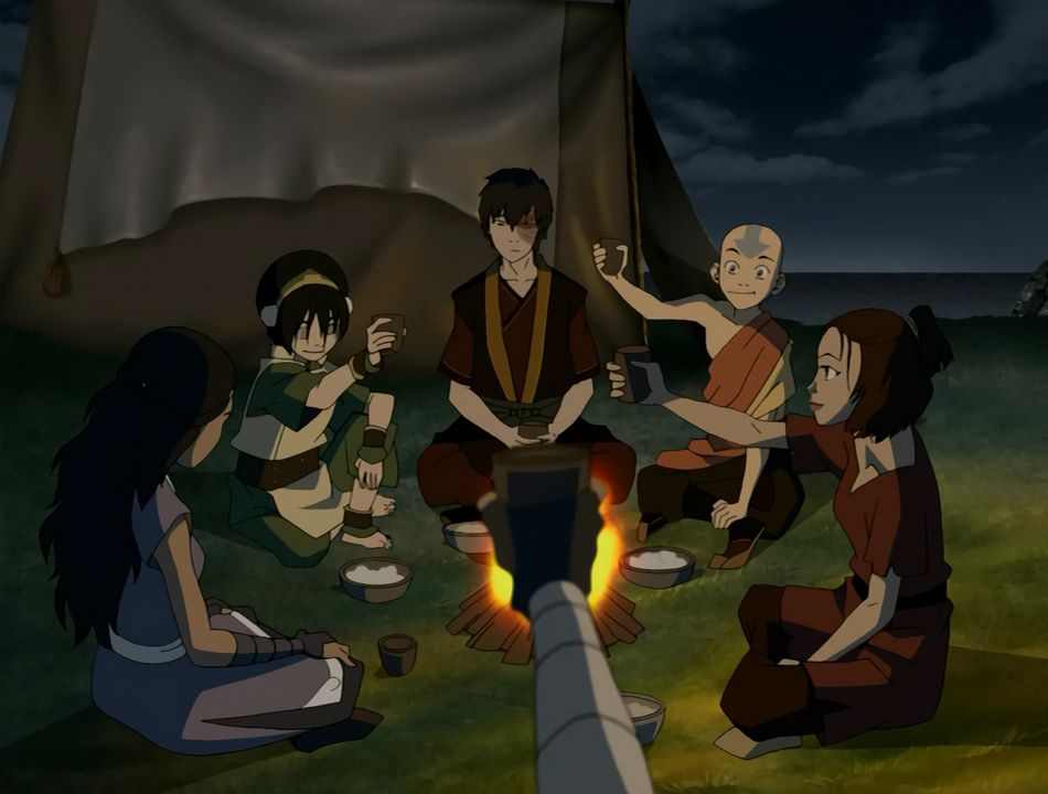 Zuko sits around a fire and shares a meal with Team Avatar. 