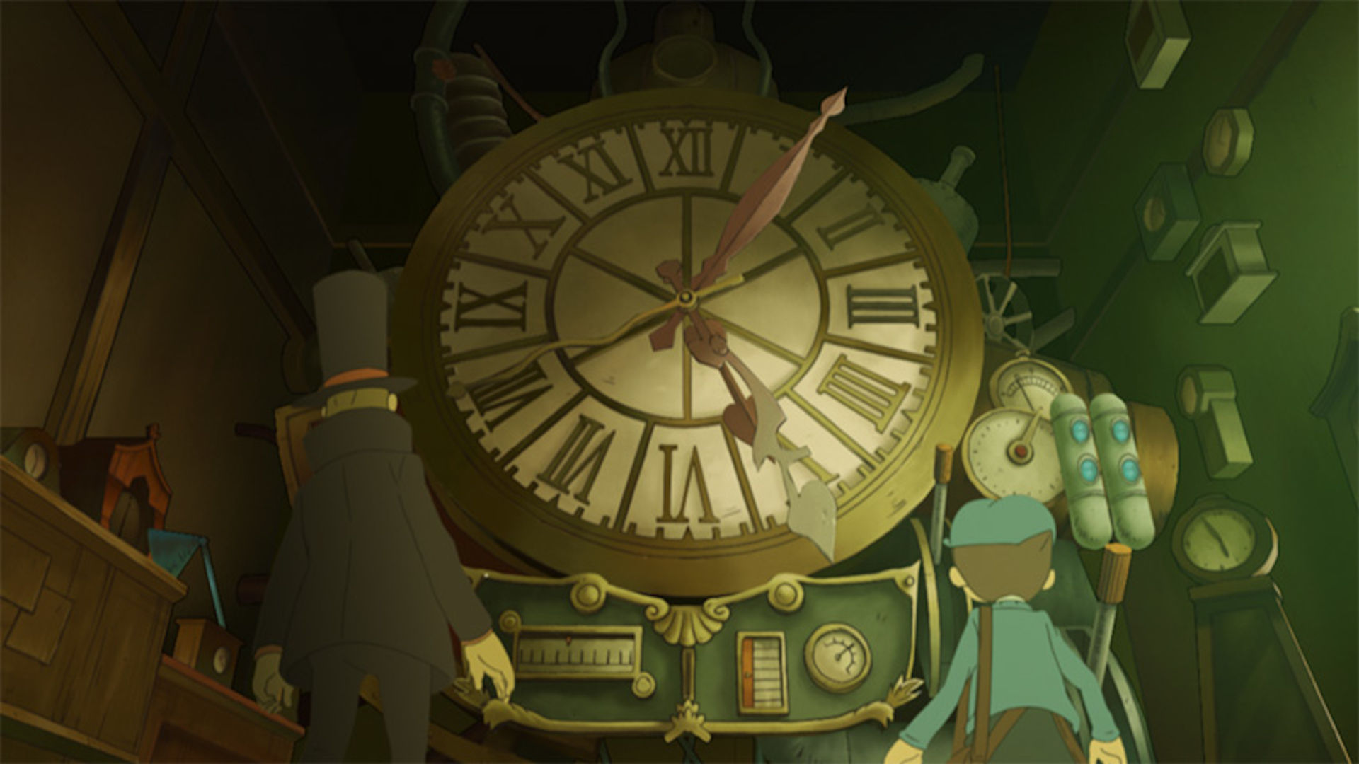 Layton and Luke stand in front of a large clock in this screenshot from "Professor Layton and the Unwound Future," 2008 (Image from Level-5/Nintendo).