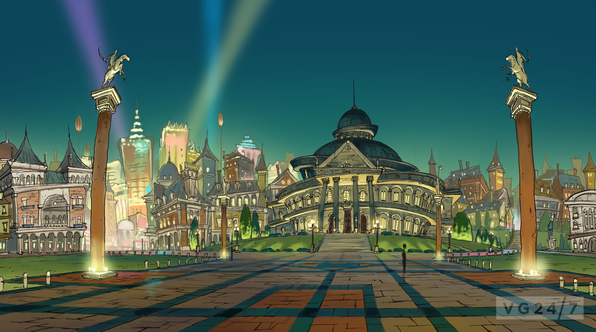 Screenshot image of the town plaza from "Professor Layton and the Miracle Mask," 2011 (Image from Level-5/Nintendo).
