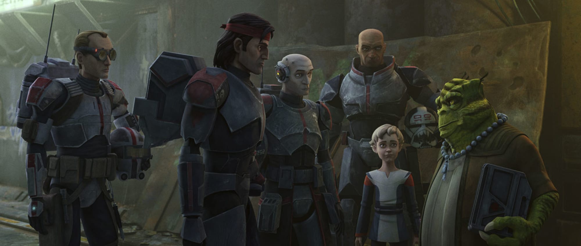 The Bad Batch and Omega talk to Cid, a reptilian Trandoshan. The background is an industrial setting with minimal lighting and they all look solemn. The members of the Bad Batch hold their helmets to their sides, while Cid holds a datapad. (Dave Filoni, The Bad Batch, Disney+ (2021-)) 