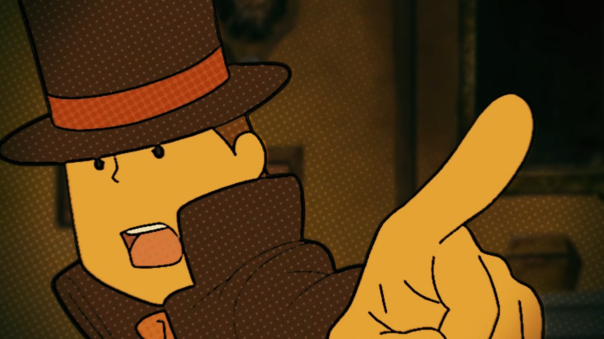 Professor Layton pointing accusingly in a screenshot from "Professor Layton and the Curious Village," 2007 (Image from Level-5/Nintendo).