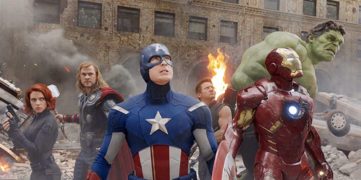 From left to right: Scarlett Johansson as Black Widow, Chris Hemsworth as Thor, Chris Evans as Captain America, Jeremy Renner as Hawkeye, Robert Downey Jr. as Iron Man, and Mark Ruffalo as The Hulk during the Battle of New York in The Avengers (2012).